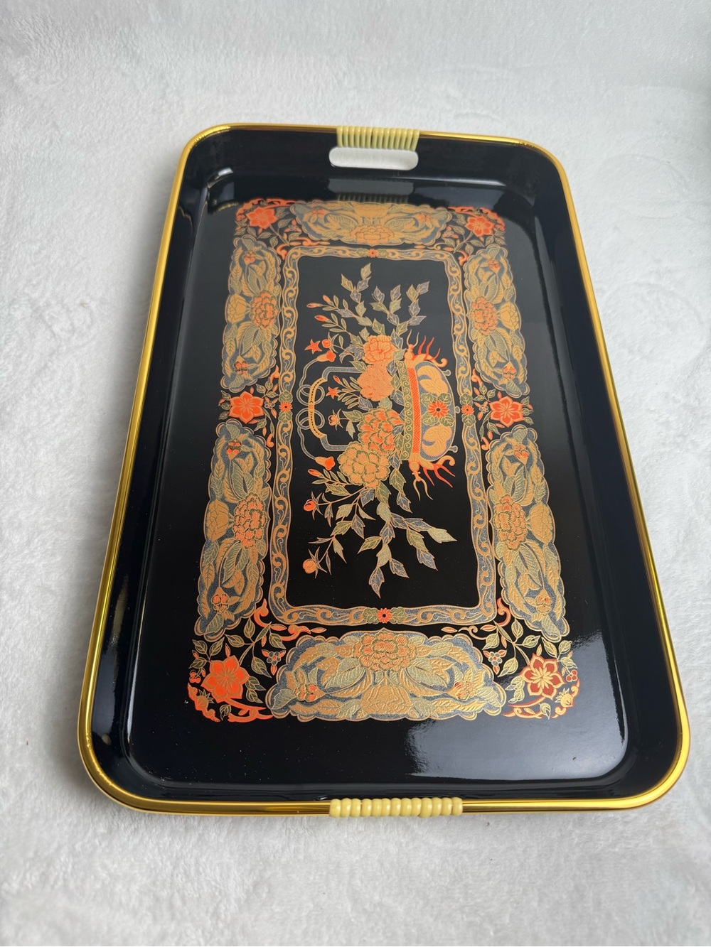 Vintage Japanese Lacquer ware Tray, Pheasant Floral Motif, Asian Decor 18.75”